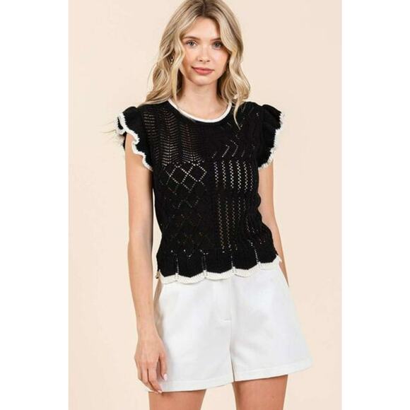 Mittoshop Multi Pattern Contrast Trim Ruffled Cap Sleeves Knit Sweater | Black - Picture 5 of 7